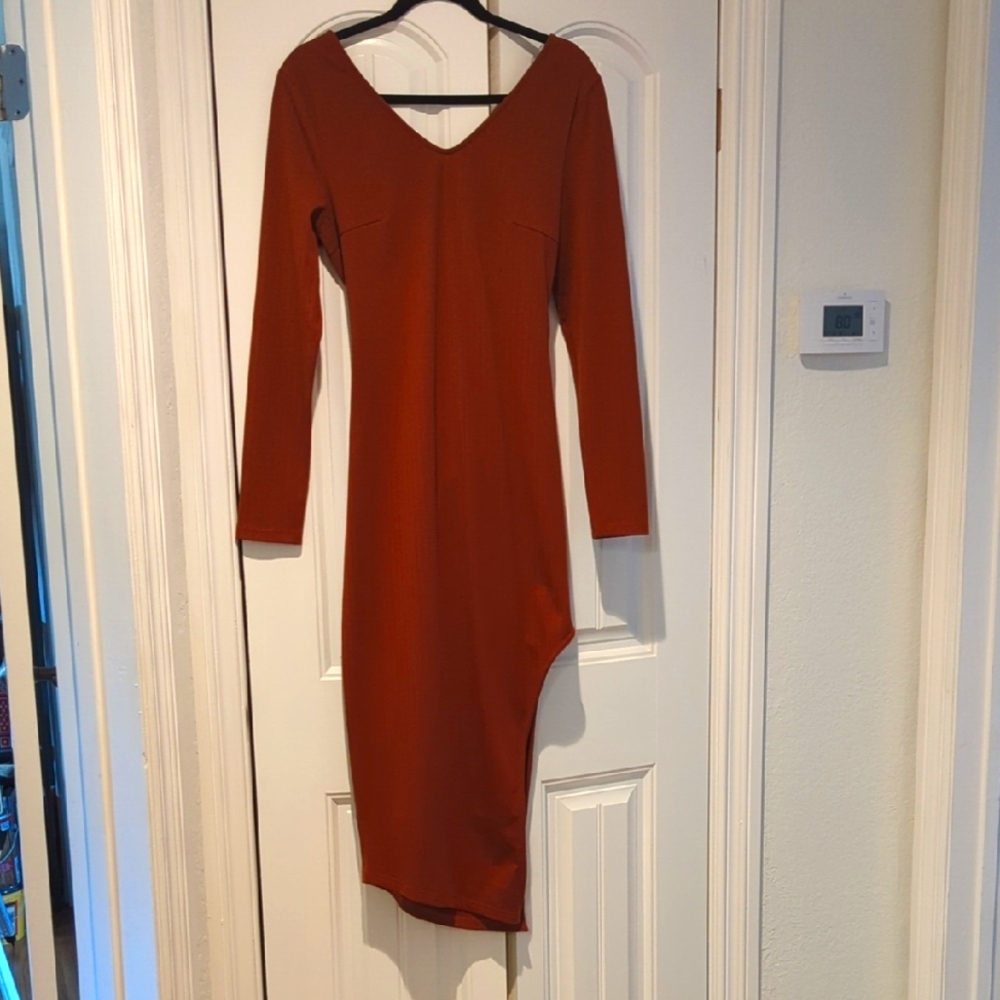 Rust Long Sleeve Dress Leg Slit